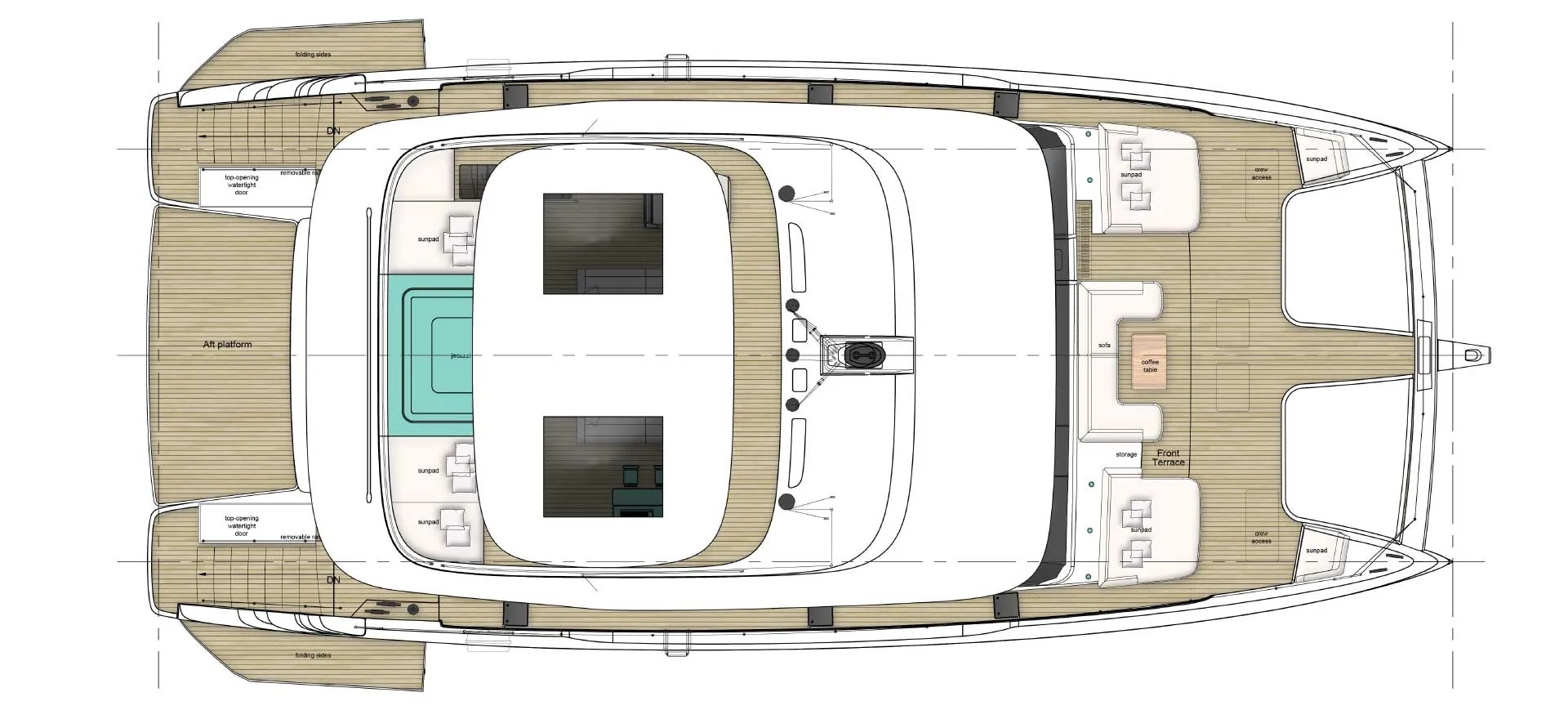 A flybridge plan under a closed hardtop, a jacuzzi to port and sunpads either side of the covered area