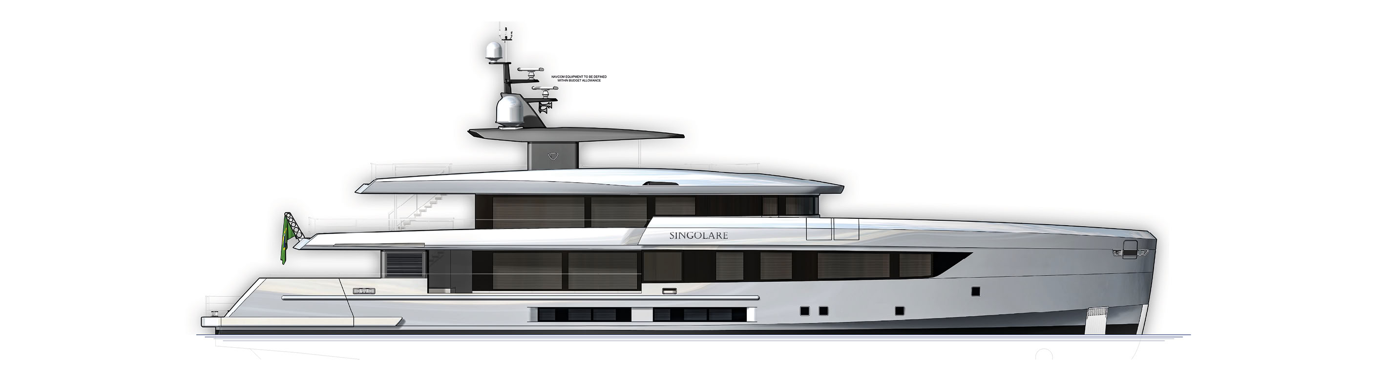 A profile drawing of Singolare showing four levels, the mast and the name SINGOLARE on the superstructure