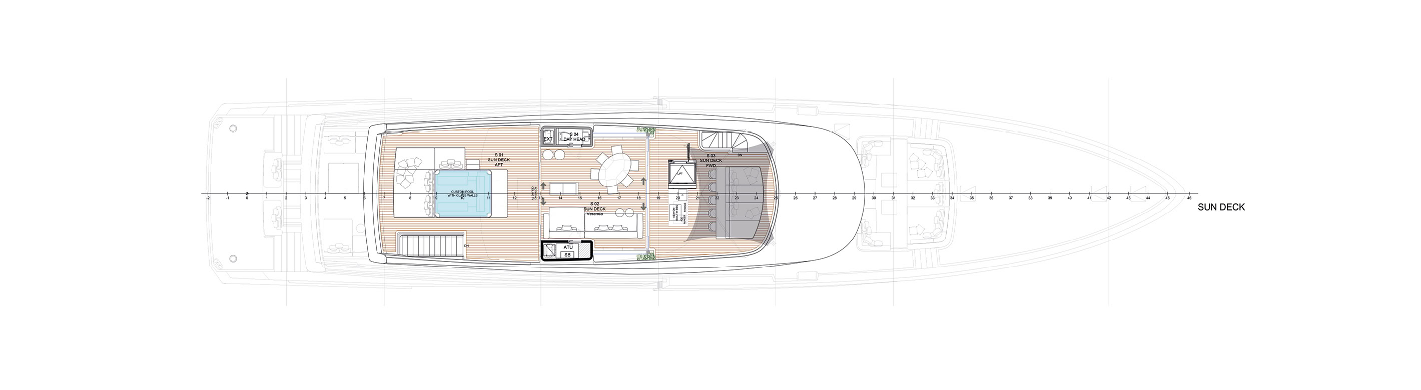 A sun deck plan with a custom pool with glass walls aft, a dining table, a veranda and a forward lounge