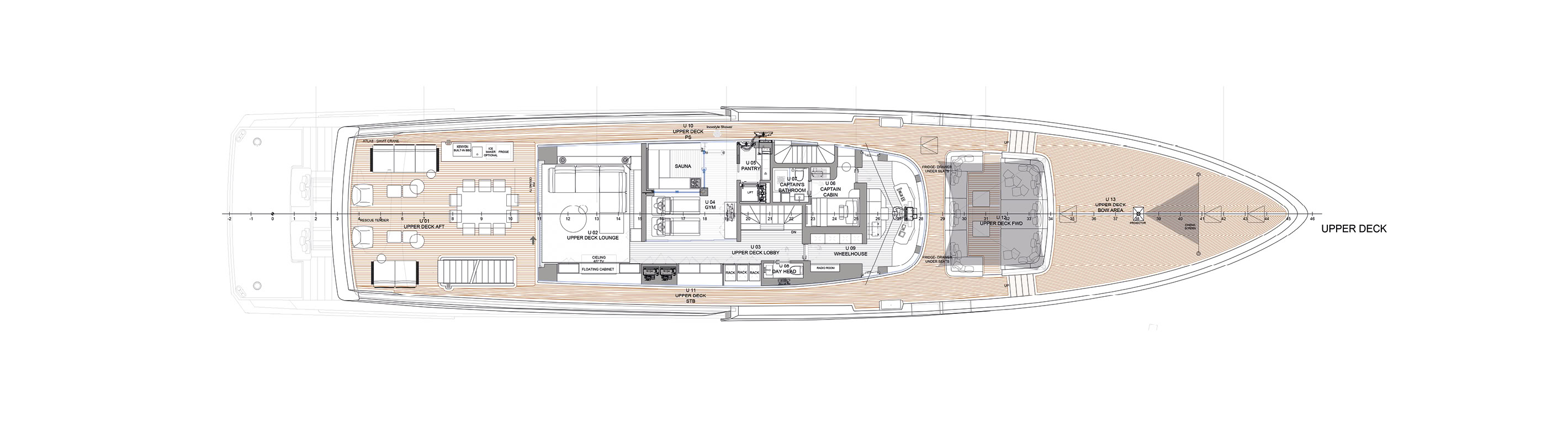An upper deck plan labelling a sauna, a gym, the captain's cabin, the wheelhouse and a bow seating area
