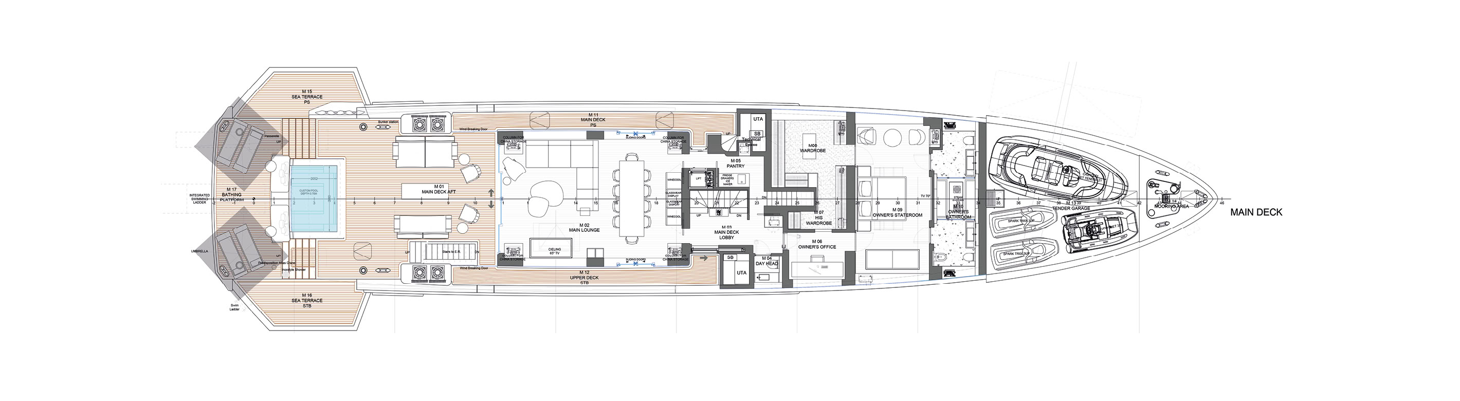 A main deck plan with a custom pool and sea terraces aft, the main lounge and dining, the owner's stateroom and office forward and a tender garage in the bow