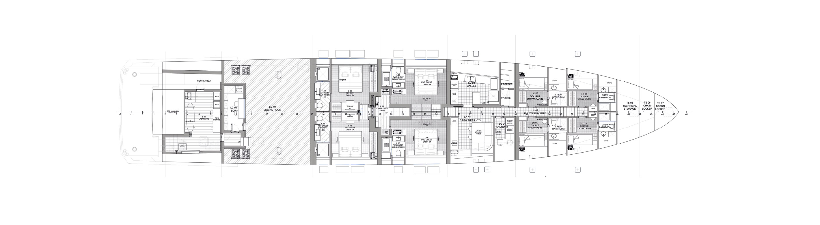 A lower deck plan showing the engine room, four guest cabins, the galley, crew mess and crew cabins forward