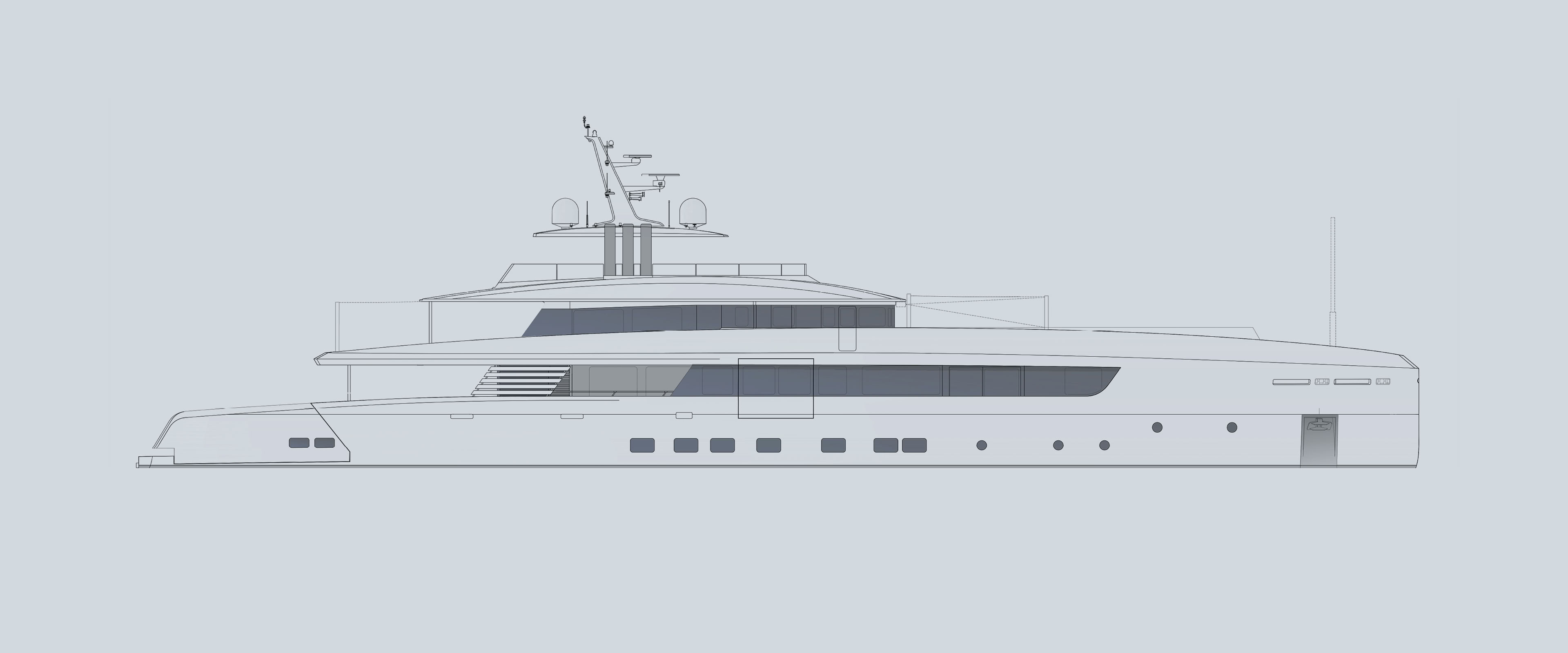 Tankoa's profile drawing of M/Y Spirit, a low four-deck 52-metre motor yacht shown side-on in outline against a pale ground